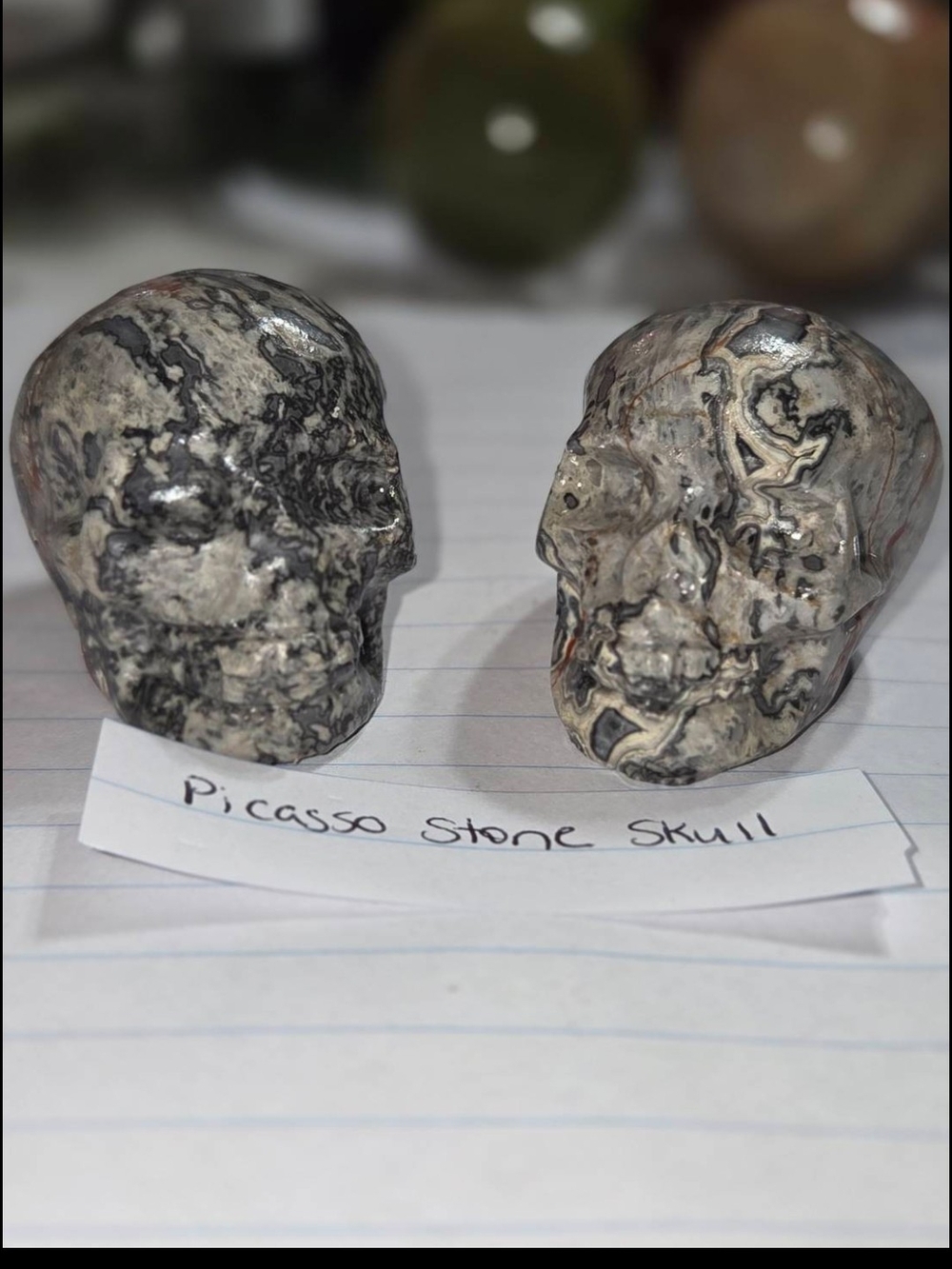 Two Detailed Picasso Jasper Crystal Carved Skull Stone Sculpture Decor